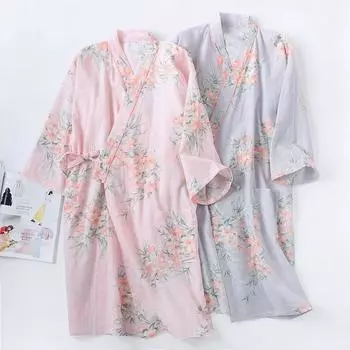 Весна и лето Хлопковый халат-кимоно с коротким рукавом Женская ночная рубашка с цветочным принтом и шнуровкой Толстовка Ночная рубашка M