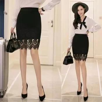 Весна и лето Юбка-мешок Кружевная юбка Короткая юбка с высокой талией Юбка-мешок на бедрах Юбка-трапеция Юбка средней длины с одним швом Женская XXL чёрный