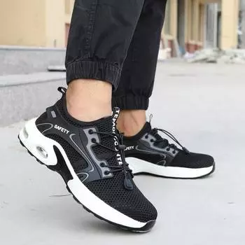 Весна и лето Легкая дышащая Автоматическая усадка шнуровки Мужская рабочая защитная обувь для ходьбы Сетчатая противоскользящая антипрокольная антистолкновительная рабочая обувь 48 чёрный