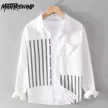 Весна и лето Новая модная мужская рубашка с длинным рукавом Повседневная рубашка из чистого хлопка с воротником-лацканом в полоску с вышивкой M белый