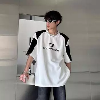 Весна и лето, новая мужская футболка свободного покроя с коротким рукавом и цветным принтом M чёрный