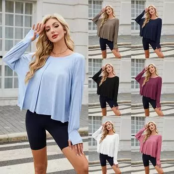 Весна и лето новая однотонная блузка для отдыха и спорта свободная с длинным рукавом для йоги для женщин M