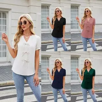 Весна и лето Новая однотонная футболка с короткими рукавами и бантом, модная футболка с V-образным вырезом для женщин L чёрный