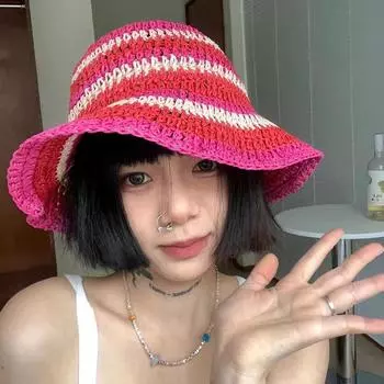 Весна и лето, новая соломенная плетеная полосатая шляпа рыбака, детский темперамент, универсальный дорожный козырек от солнца, солнцезащитная шляпа для бассейна, соломенная шляпа M56-58cm чёрный