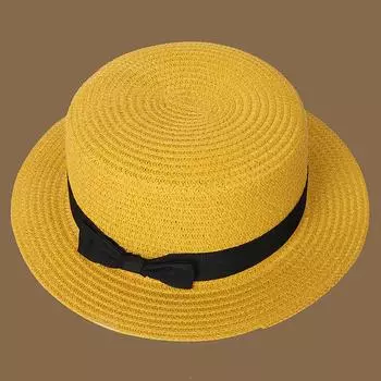 Весна и лето Новая соломенная вязаная соломенная шляпа с бантом Корейская мода и отдых Складная пляжная короткая соломенная шляпа с плоским верхом жёлтый