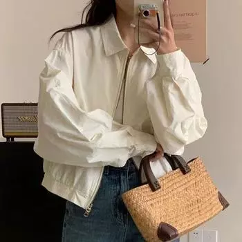 Весна и лето Новая универсальная свободная молния High Sense воротник поло маленькая однотонная короткая куртка с застежкой-молнией для женщин S