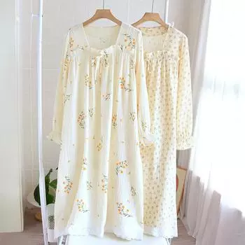 Весна и лето Новая женская ночная рубашка 100% хлопок юбка с длинными рукавами квадратный вырез прекрасный цветок большой домашний юбка M