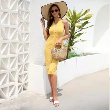 Весна и лето новая женская одежда новая сексуальная безрукавка V-образный вырез бедра юбка население S жёлтый