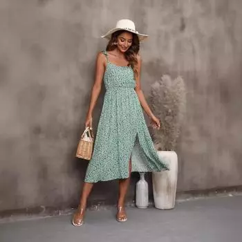 Весна и лето новая женская одежда сексуальное платье без рукавов на подтяжках цветочное S зелёный