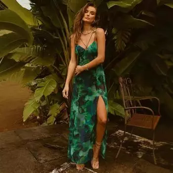 Весна и лето новая женская одежда сексуальное платье без рукавов на подтяжках длинное платье с принтом S зелёный