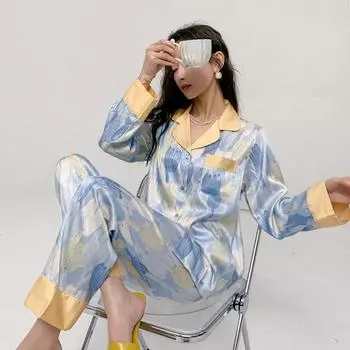 Весна и лето Новая женская пижама Ice Silk Удобная домашняя пижама в стиле тюльпана с рисунком маслом Женский комплект M