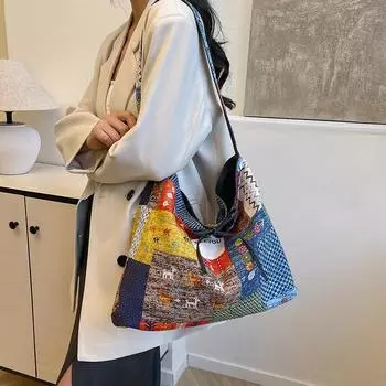 Весна и лето Новинка Ретро Этнический Стиль Цветочный Пэчворк Сумка Через Плечо Сумка Из Холщатки В Стиле Бохо Многоцелевая Женская Сумка