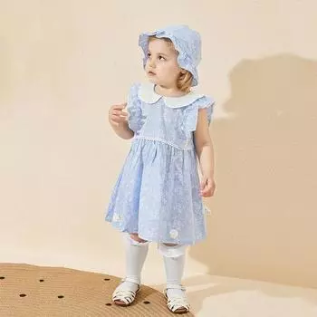 Весна и лето Новое девчачье свежее синее платье с мелкими цветами и шляпой 73cm синий