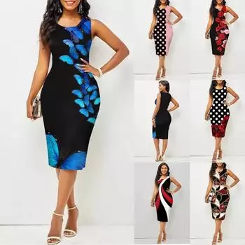Весна и лето Новое модное женское платье без рукавов с принтом на бедрах Женская одежда S