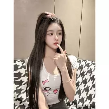 Весна и Лето Новое Поступление Чистое Желание Короткий Мультяшный Милый Приталенный С Высокой Посадкой Принт Белый С Коротким Рукавом Базовая Футболка Топы Женщины White S