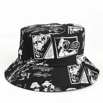 Весна и Лето Новое поступление Мода Принт мультяшных персонажей Панама Защита от солнца Уличная Парная панама Мужская и Женская Black M(56-58cm)