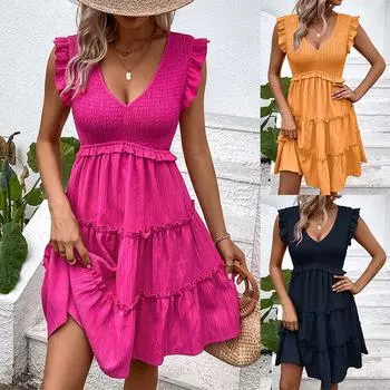 Весна и лето Новое сексуальное элегантное универсальное повседневное платье для свиданий и танцев с принтом в однотонном цвете и короткими рукавами S розы красного