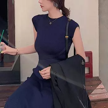 Весна и лето Новое трикотажное платье с короткими рукавами, тонкая талия, стройная, тонкая, темпераментная, длинная юбка L темно-синий