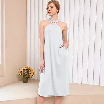 Весна и лето Новое женское однотонное повседневное платье с открытыми плечами и карманом S серый