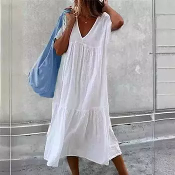 Весна и лето Новое женское платье без рукавов с V-образным вырезом, раздельное по цвету, повседневное пригородное платье средней и длинной длины S небесно-голубой