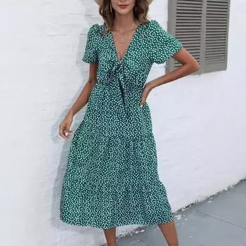 Весна и лето новое женское платье с V-образным вырезом и короткими рукавами в горошек повседневное платье средней и длинной длины S зелёный