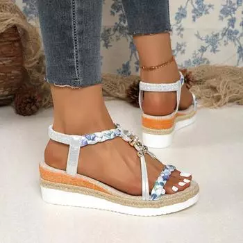 Весна и лето, новые босоножки на плоской танкетке с круглым носком, женские бохо-пляжные босоножки на платформе с открытым носком и плетеными бусинами 36