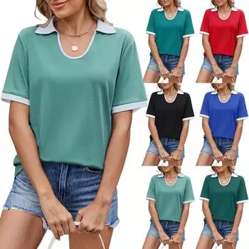 Весна и лето Новые цвета Collision лацканы с короткими рукавами, свободные футболки Топы женские S чёрный