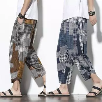 Весна и лето Новые модные мужские свободные повседневные брюки из хлопка и льна, индивидуальные мешковатые брюки в клетку M хаки