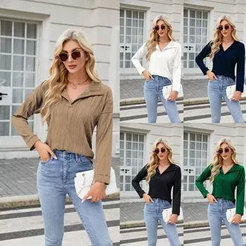 Весна и лето Новые независимые женские модные топы с лацканами Тонкие длинные рукава для женщин L чёрный