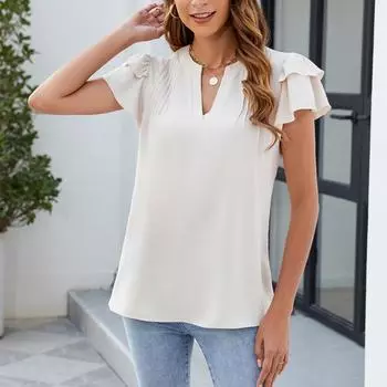Весна и лето Новые однотонные футболки с V-образным вырезом и коротким рукавом Модные топы с оборками для женщин XXL хаки