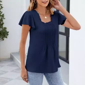 Весна и лето Новые однотонные футболки с короткими рукавами Модные повседневные топы с квадратным воротником для женщин L тёмно-синий