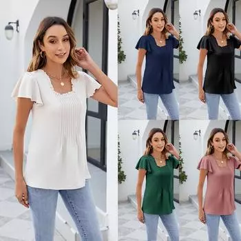Весна и лето Новые однотонные футболки с короткими рукавами Модные повседневные топы с квадратным воротником для женщин L чёрный