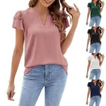 Весна и лето Новые однотонные футболки с V-образным вырезом и коротким рукавом Модные топы с оборками для женщин L чёрный