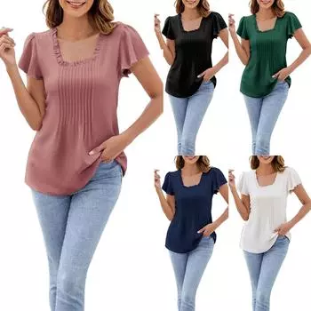 Весна и лето Новые однотонные футболки с короткими рукавами Модные повседневные топы с квадратным воротником для женщин S хаки