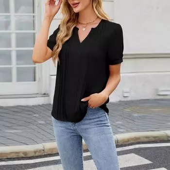 Весна и лето Новые однотонные футболки-топы для женщин Сексуальные V-образные вырезы в полоску с короткими рукавами L чёрный