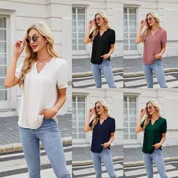 Весна и лето Новые однотонные футболки-топы для женщин Сексуальные V-образные вырезы в полоску с короткими рукавами L чёрный