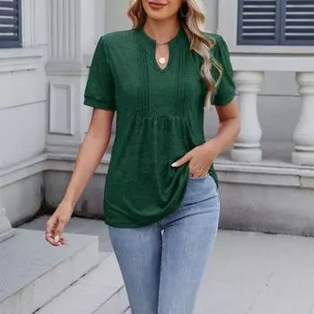 Весна и лето Новые однотонные плиссированные полосатые футболки с короткими рукавами и V-образным вырезом для женщин S