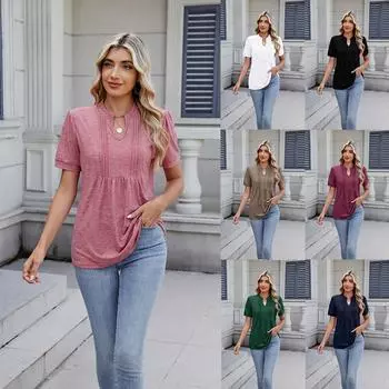 Весна и лето Новые однотонные плиссированные полосатые футболки с короткими рукавами и V-образным вырезом для женщин L чёрный