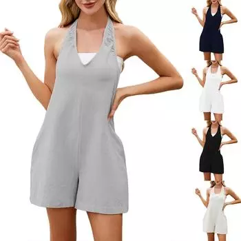 Весна и лето Новые подтяжки однотонные женские модные сексуальные комбинезоны с открытой спиной XXL