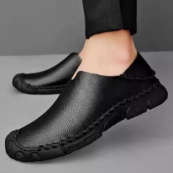 Весна и лето Новые повседневные кожаные туфли больших размеров Lazy Shoes Мужские туфли для вождения Gommino British One Pedal Soft Bottom 38 чёрный