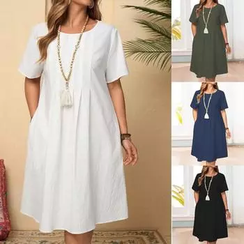 Весна и лето Новые ретро свободные повседневные платья женские модные короткие рукава карманы однотонные А-силуэта женское платье круглый вырез хлопковое и льняное платье 26470 S белый