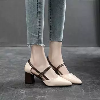 Весна и лето Новые толстые каблуки с острым носком, цветные женские одинарные туфли, модные универсальные сандалии 34 чёрный