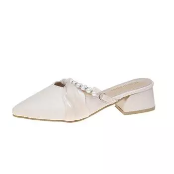 Весна и лето новые толстые каблуки жемчужные туфли-мешок на голову крутые тапочки женская модная верхняя одежда универсальные французские сандалии-мешок на голову полудрагоценные 35