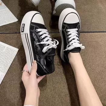 Весна и лето Новые тонкие дышащие парусиновые туфли Женская обувь Летние сетчатые туфли для досок на платформе Сетчатая поверхность Сетчатая поверхность 35 чёрный