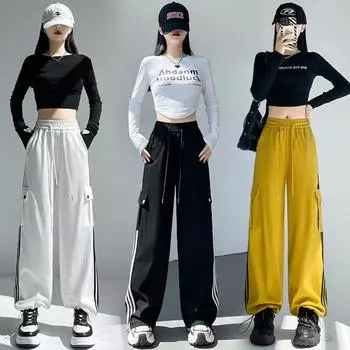 Весна и лето Новые тонкие свободные повседневные контрастные широкие спортивные брюки S белый