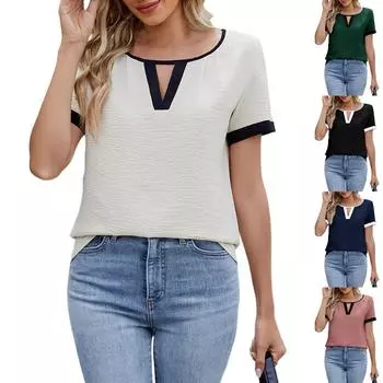 Весна и лето Новые женские модные топы с V-образным вырезом, повседневные, с короткими рукавами, подходящие по цвету для женщин L чёрный
