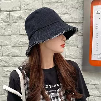 Весна и лето новый деним старый грубоватый край короткий полевой панама солнцезащитный козырек панама для пар панама для женщин M56-58cm чёрный