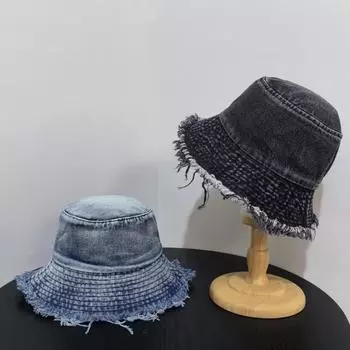 Весна и лето новый деним старый грубый край короткий полевой панама солнцезащитный козырек простая шляпа для бассейна пара панама M56-58cm синий