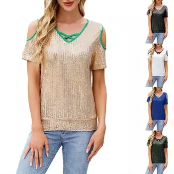 Весна и лето новый модный блестящий сексуальный топ с V-образным вырезом и открытыми плечами с короткими рукавами для женщин L