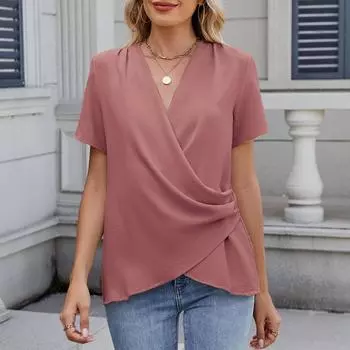 Весна и лето новый модный женский пуловер с V-образным вырезом повседневная однотонная футболка для женщин M розовый